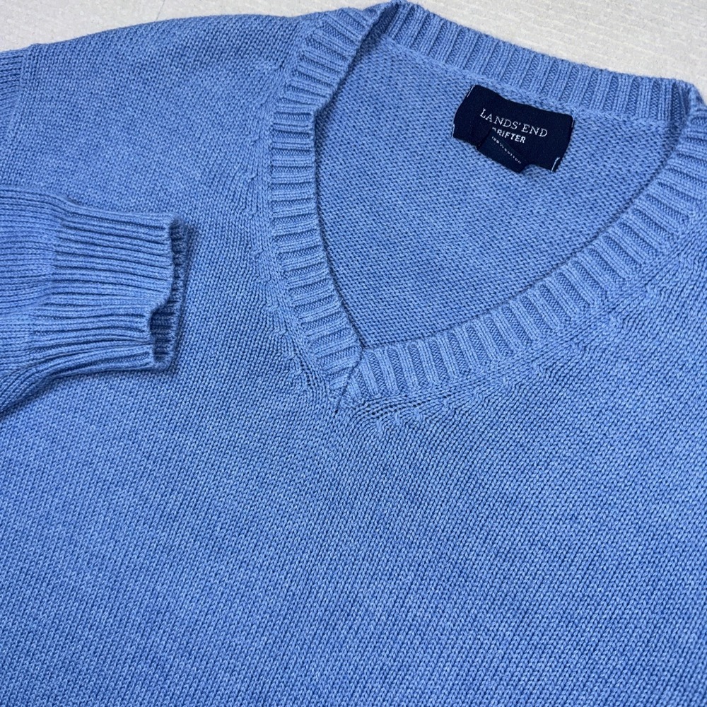 Lands' End Drifter V-Neck Sweater Mens XL Blue 100% Cotton Ribbed Knit Pullover